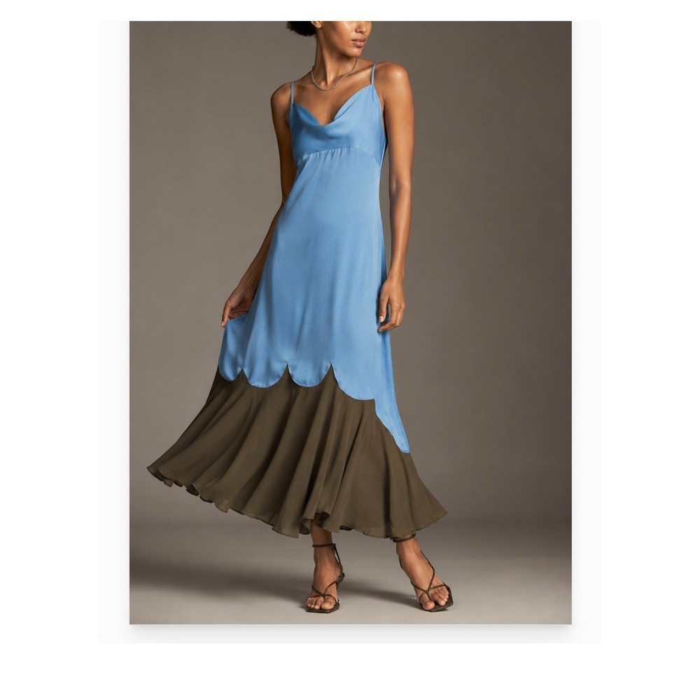 Anthropologie Lyrebird Blue Olive Colorblock Cowl Neck Scallop Midi Dress NWT -L